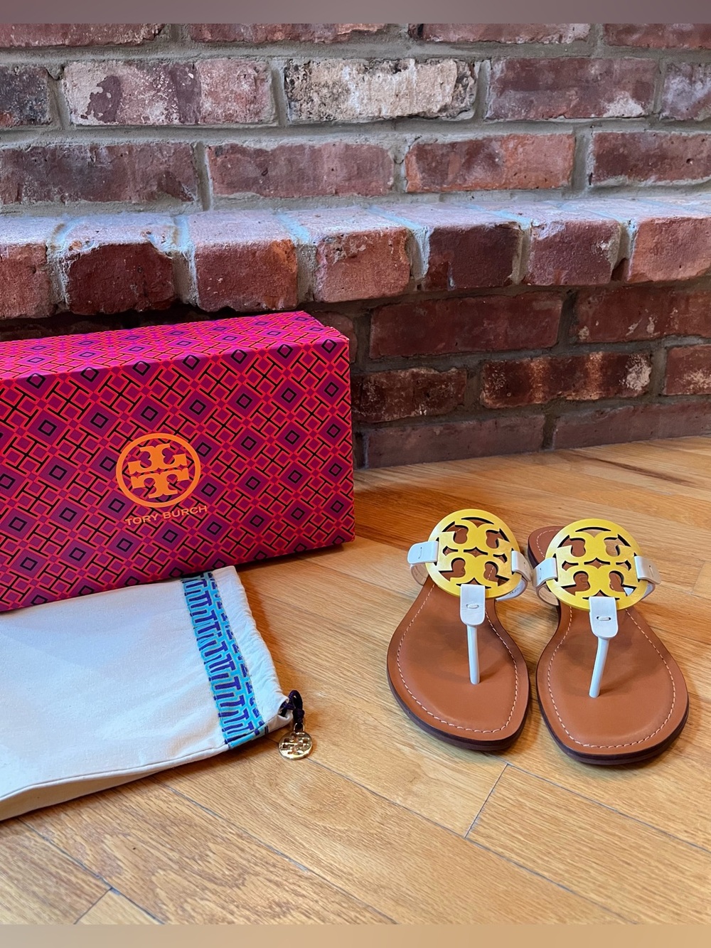 Tory Burch Yellow Cream Tan Brown Leather Color Block Miller Sandals